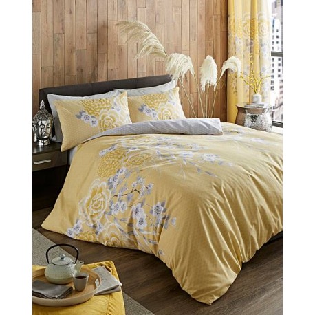 Duvet cover 1 and a half Yellow Oriental flower Catherine Lansfiled with two pillowcases